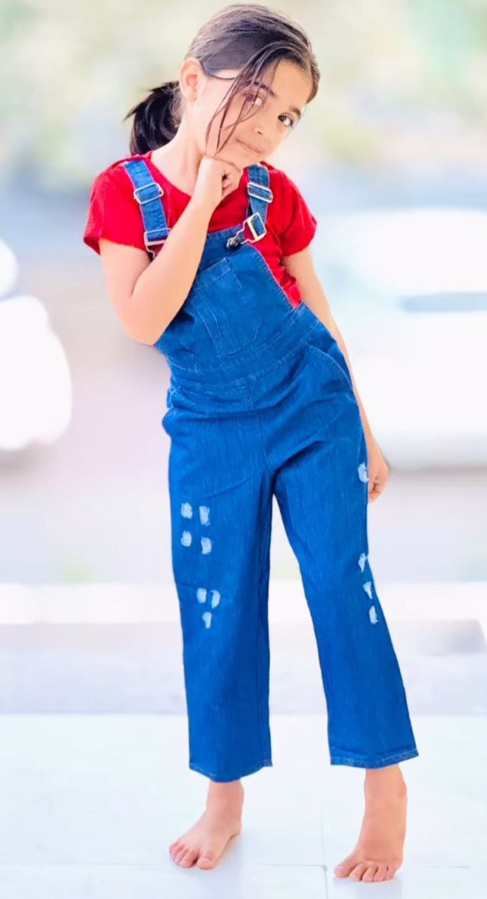 Girl's Denim Full Jumpsuit – Trendy Airport Look for Fashion-Forward Girls by DopamineDrapes