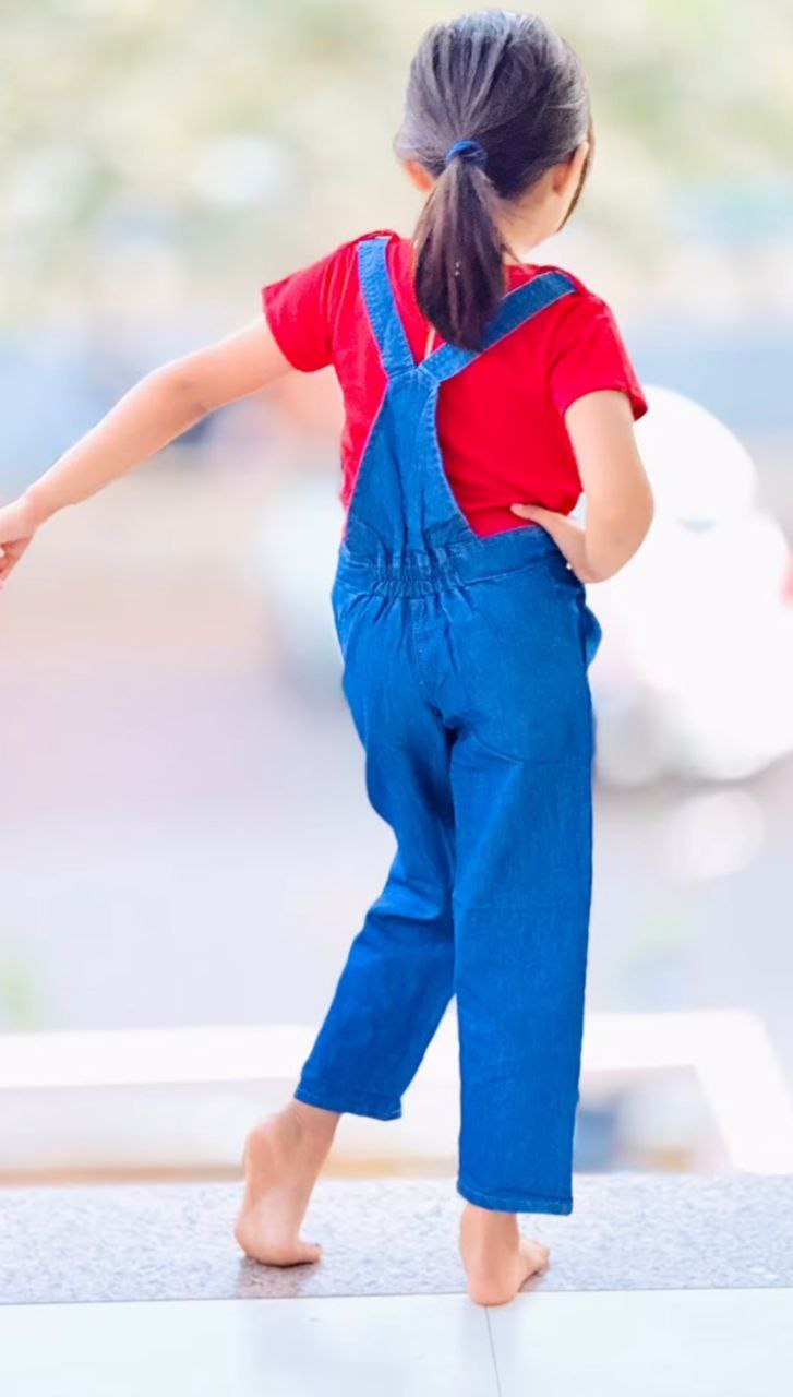 Girl's Denim Full Jumpsuit – Trendy Airport Look for Fashion-Forward Girls by DopamineDrapes