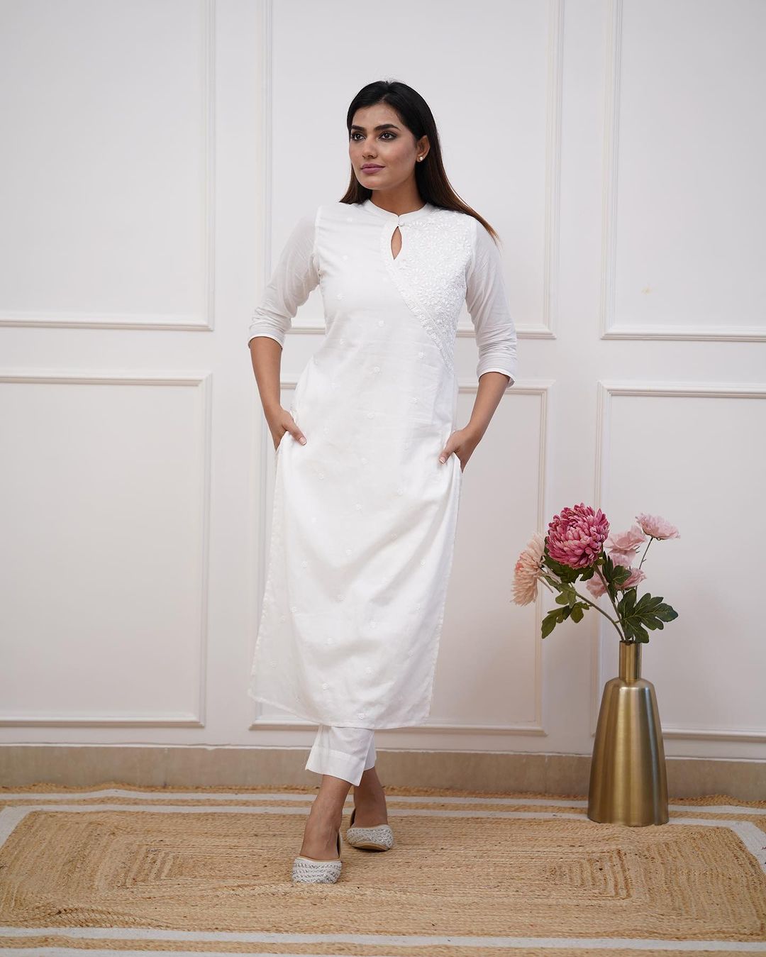 Dopa x VBDimple: White Monochrome Embroidered Pant-Set - Office Wear