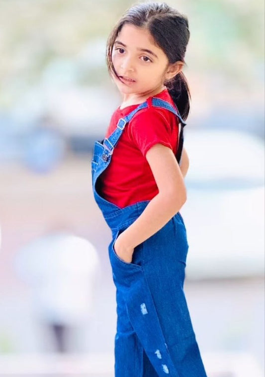 Girl's Denim Full Jumpsuit – Trendy Airport Look for Fashion-Forward Girls by DopamineDrapes