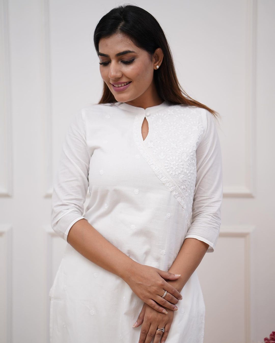 Dopa x VBDimple: White Monochrome Embroidered Pant-Set - Office Wear