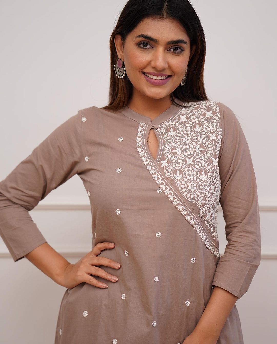 Dopa x VBDimple: Nude Brown Monochrome Embroidered Pant-Set - Office Wear