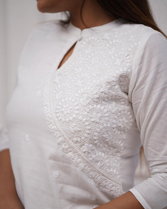 Dopa x VBDimple: White Monochrome Embroidered Pant-Set - Office Wear