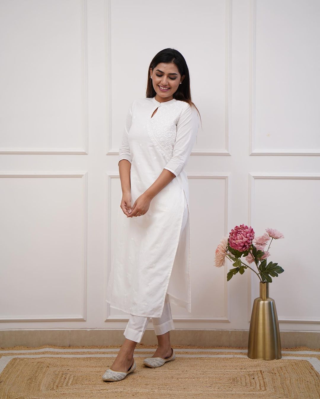 Dopa x VBDimple: White Monochrome Embroidered Pant-Set - Office Wear