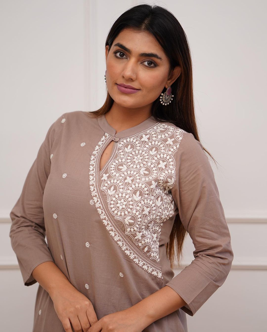 Dopa x VBDimple: Nude Brown Monochrome Embroidered Pant-Set - Office Wear