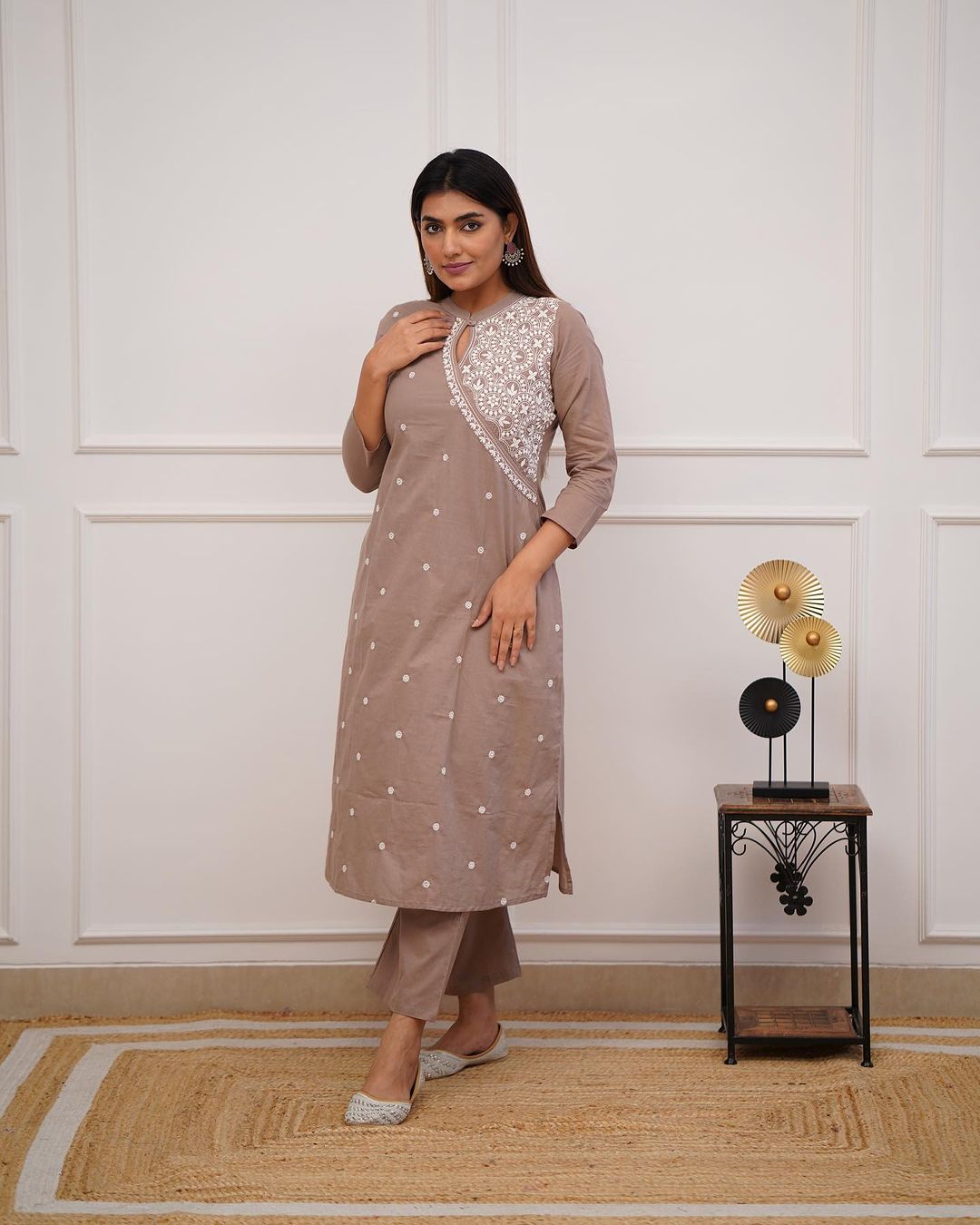 Dopa x VBDimple: Nude Brown Monochrome Embroidered Pant-Set - Office Wear